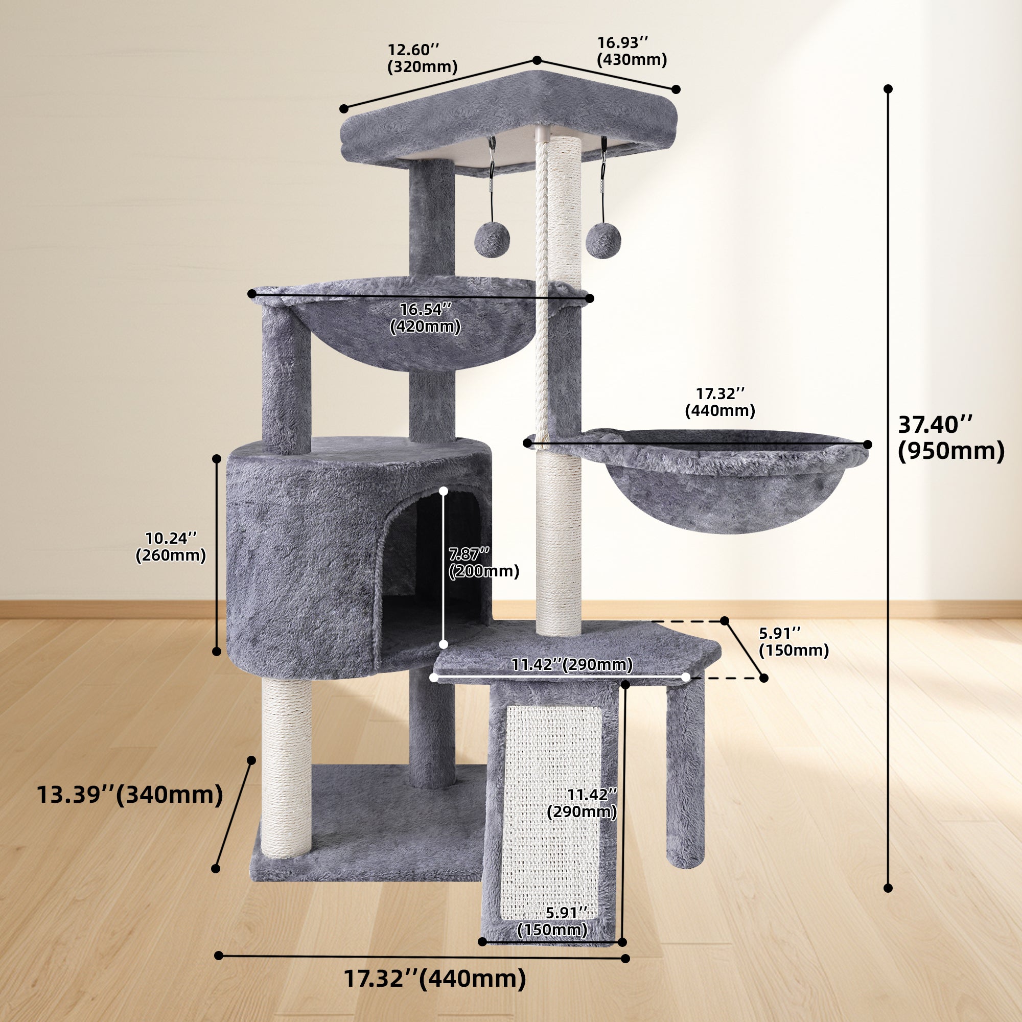 Premium 37.4" Multi-Level Cat Activity Tower | Grey Cat Tree with Condo, Hammocks & Scratching Posts