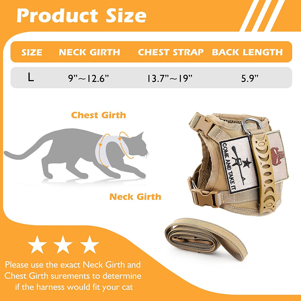 Adjustable Tactical Cat Harness and Leash Set with Escape-Proof Design, Molle Patches, Soft Mesh Padding, and Rubber Handle in Khaki