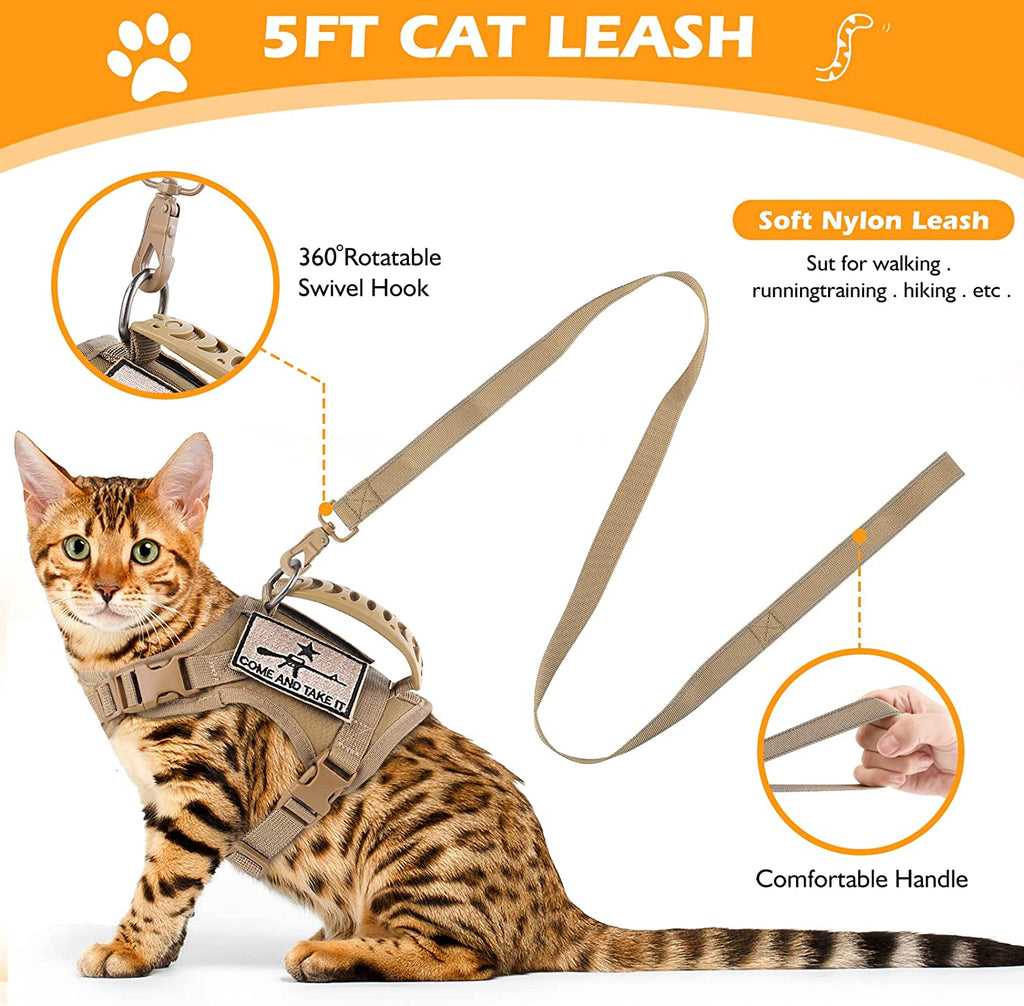 Adjustable Tactical Cat Harness and Leash Set with Escape-Proof Design, Molle Patches, Soft Mesh Padding, and Rubber Handle in Khaki