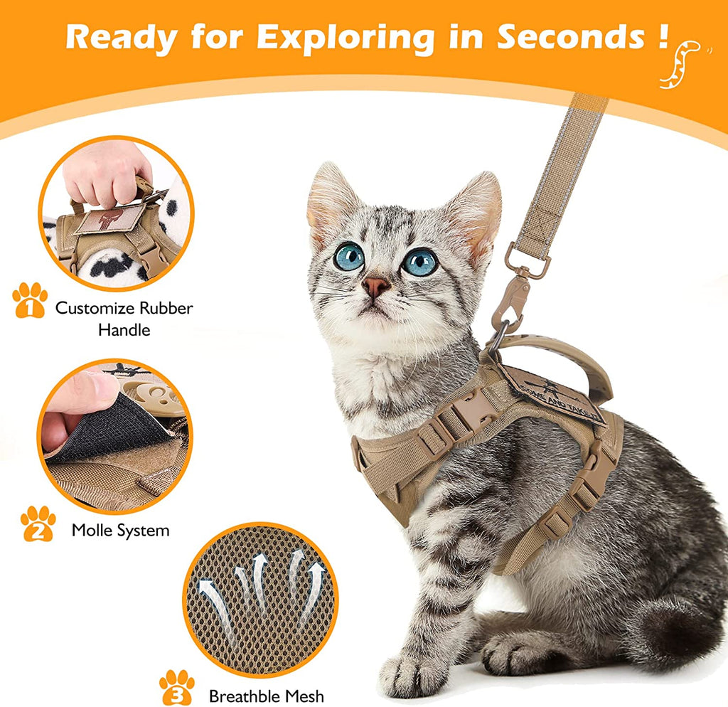 Adjustable Tactical Cat Harness and Leash Set with Escape-Proof Design, Molle Patches, Soft Mesh Padding, and Rubber Handle in Khaki