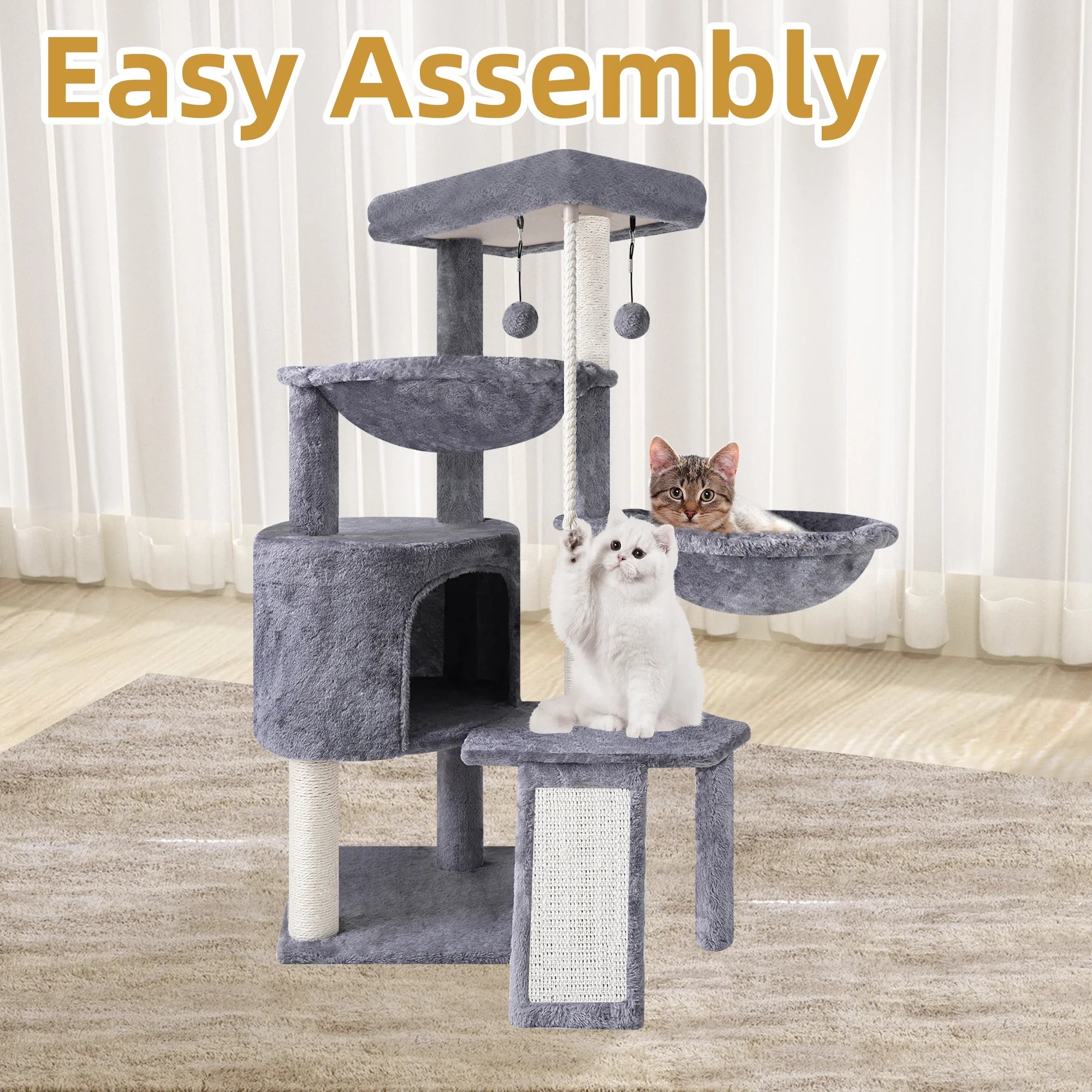Premium 37.4" Multi-Level Cat Activity Tower | Grey Cat Tree with Condo, Hammocks & Scratching Posts