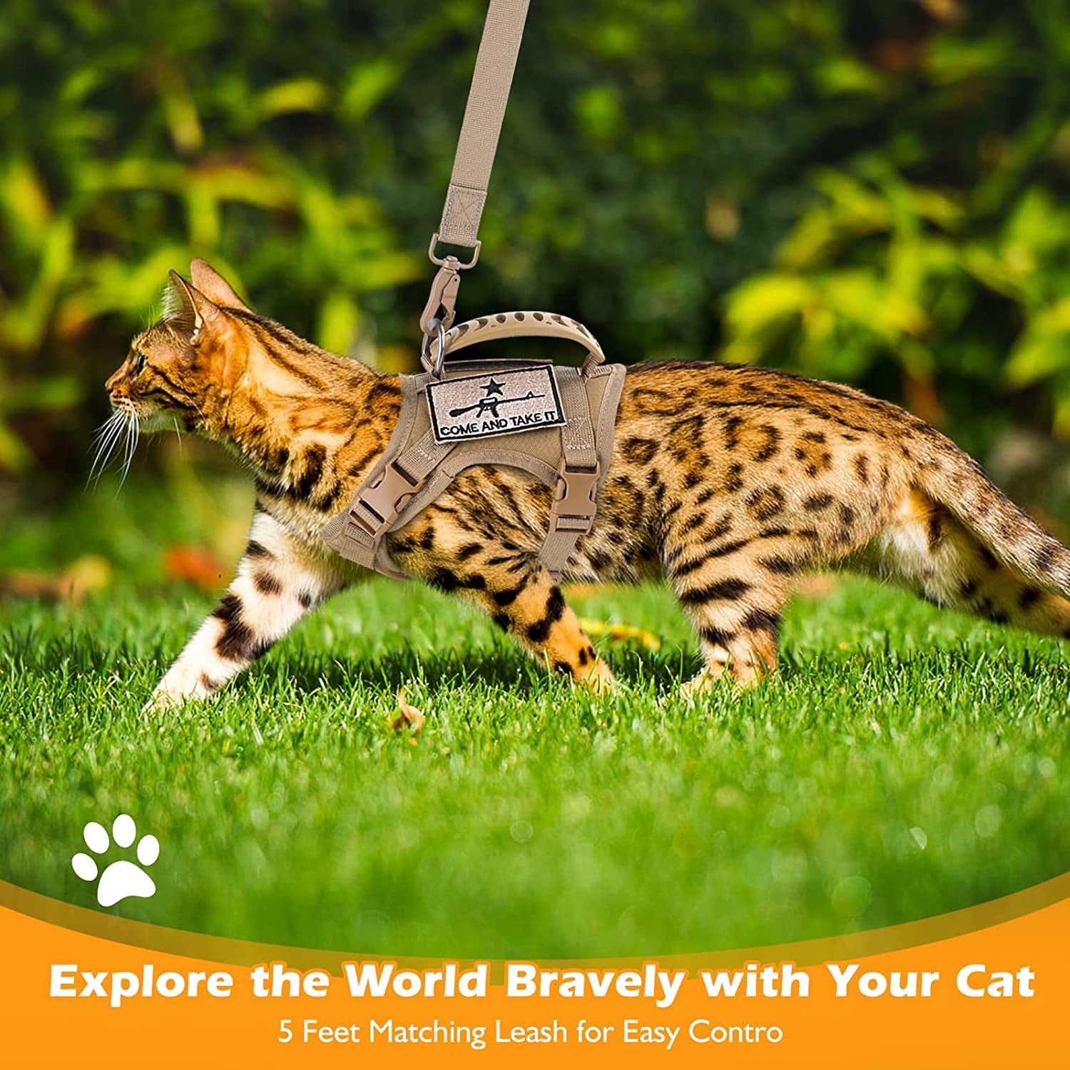 Adjustable Tactical Cat Harness and Leash Set with Escape-Proof Design, Molle Patches, Soft Mesh Padding, and Rubber Handle in Khaki