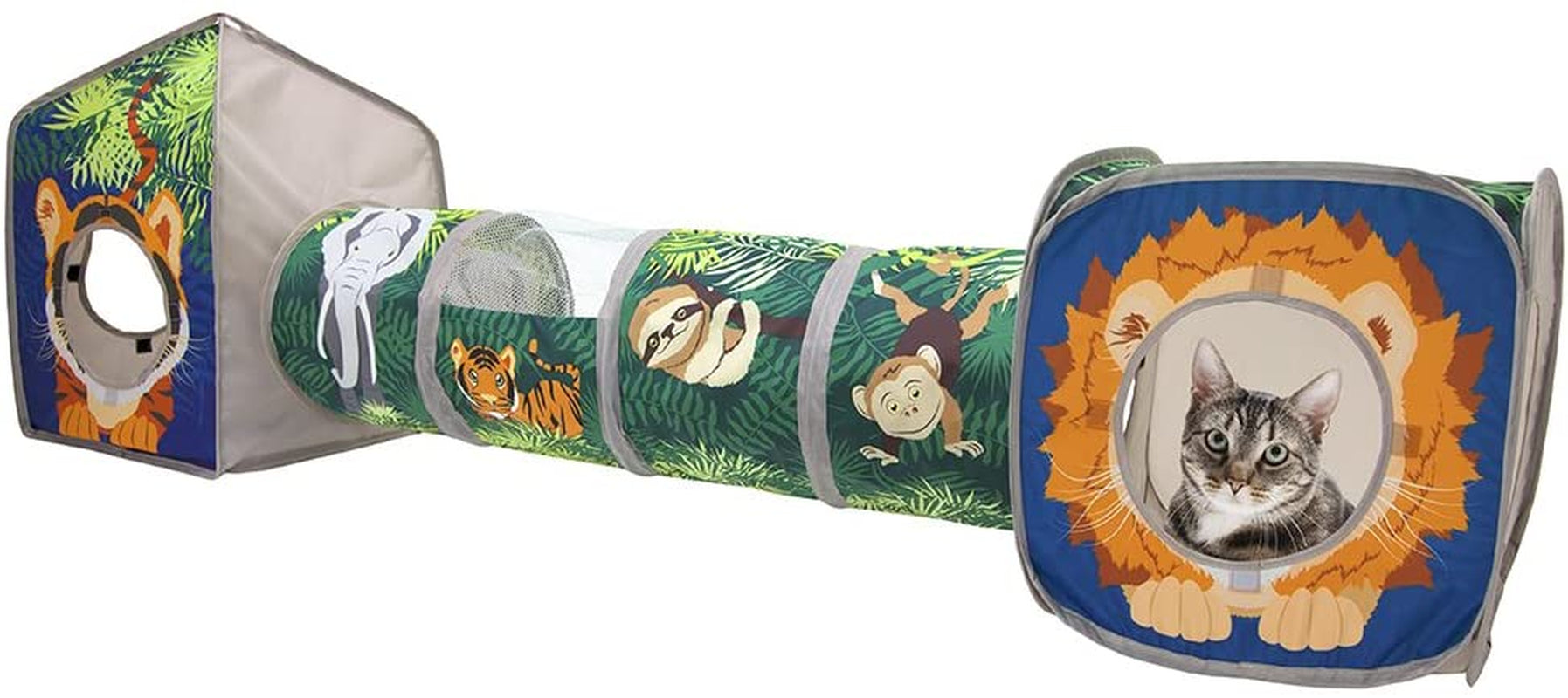 Safari Jungle Cat Play Set: Collapsible Interactive Indoor Playhouse with Cube, Tunnel, and Hideout for Cat Exercise and Relaxation