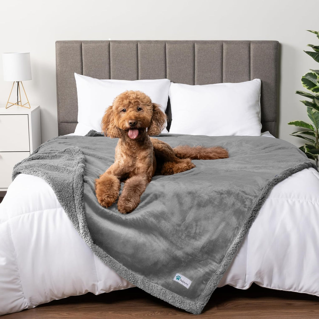 Waterproof Reversible Dog Blanket for Couch and Bed, Queen Size 90x90, Pee-Proof Sherpa Fleece Furniture Protector, Soft Washable Cover for Large Pets, Light Grey