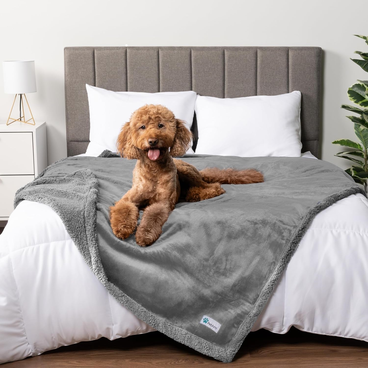 Waterproof Reversible Dog Blanket for Couch and Bed, Queen Size 90x90, Pee-Proof Sherpa Fleece Furniture Protector, Soft Washable Cover for Large Pets, Light Grey