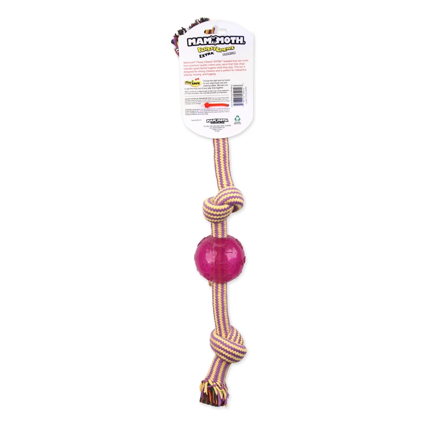 Flossy Chews Large 20" Extra 3 Knot Tug Dog Toy with TPR Ball Rope