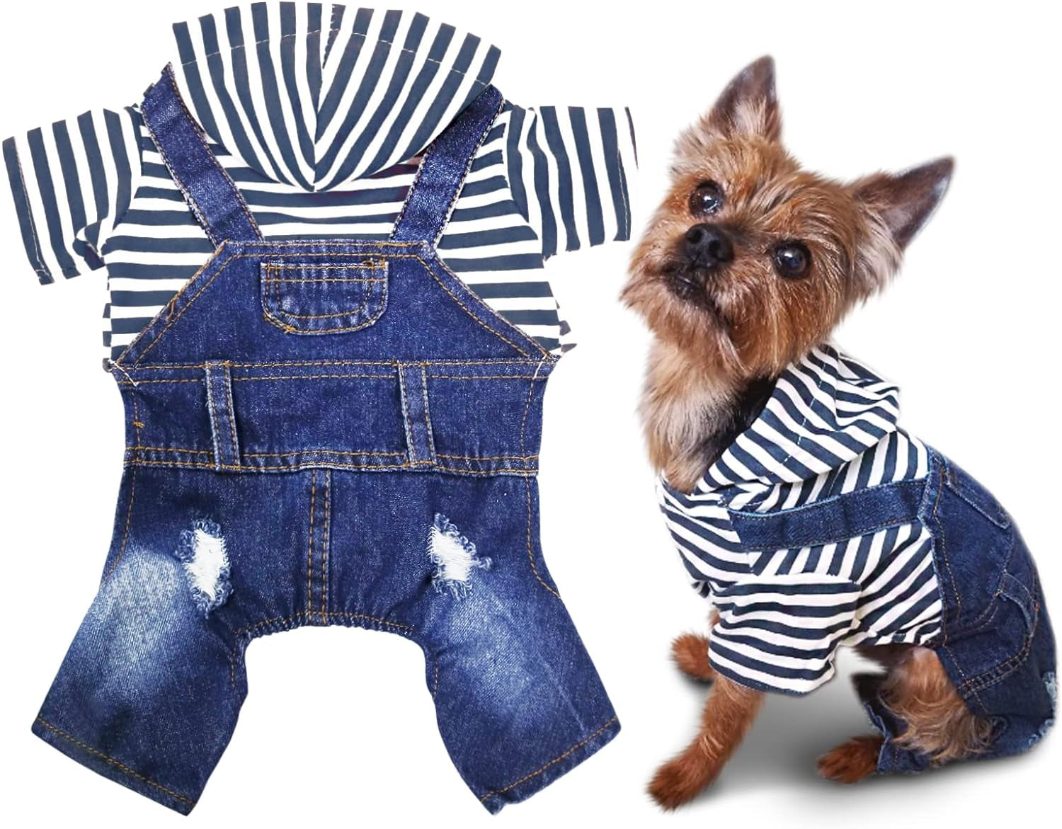 Denim Jumpsuit for Dogs - Vintage Washed Blue Hoodie Jacket for Small to Medium Breeds