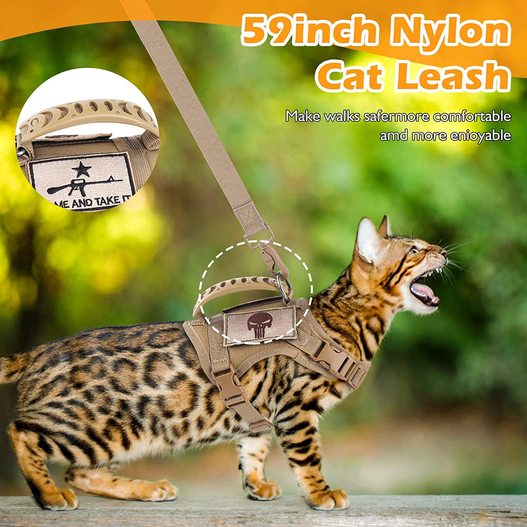 Adjustable Tactical Cat Harness and Leash Set with Escape-Proof Design, Molle Patches, Soft Mesh Padding, and Rubber Handle in Khaki