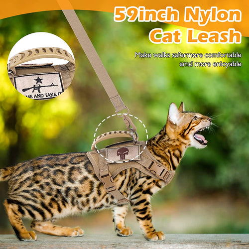 Adjustable Tactical Cat Harness and Leash Set with Escape-Proof Design, Molle Patches, Soft Mesh Padding, and Rubber Handle in Khaki