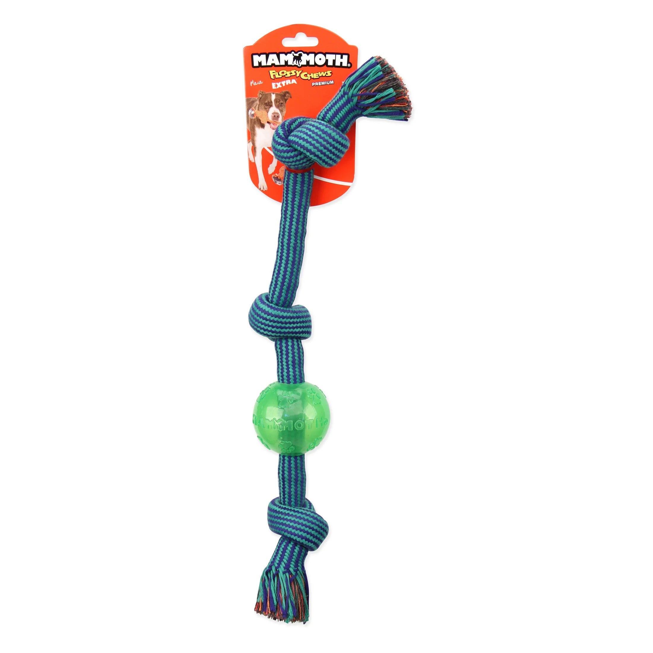Flossy Chews Large 20" Extra 3 Knot Tug Dog Toy with TPR Ball Rope