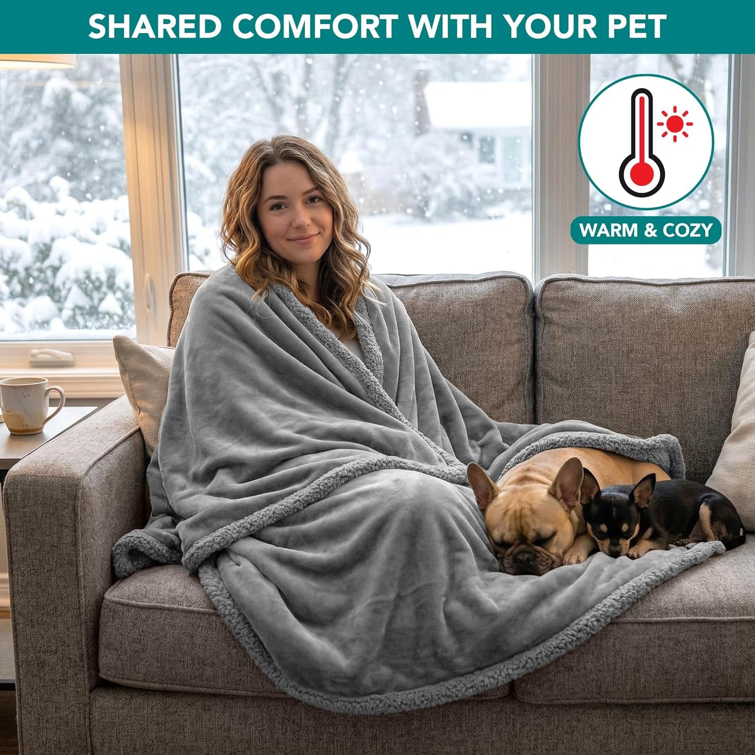 Waterproof Reversible Dog Blanket for Couch and Bed, Queen Size 90x90, Pee-Proof Sherpa Fleece Furniture Protector, Soft Washable Cover for Large Pets, Light Grey