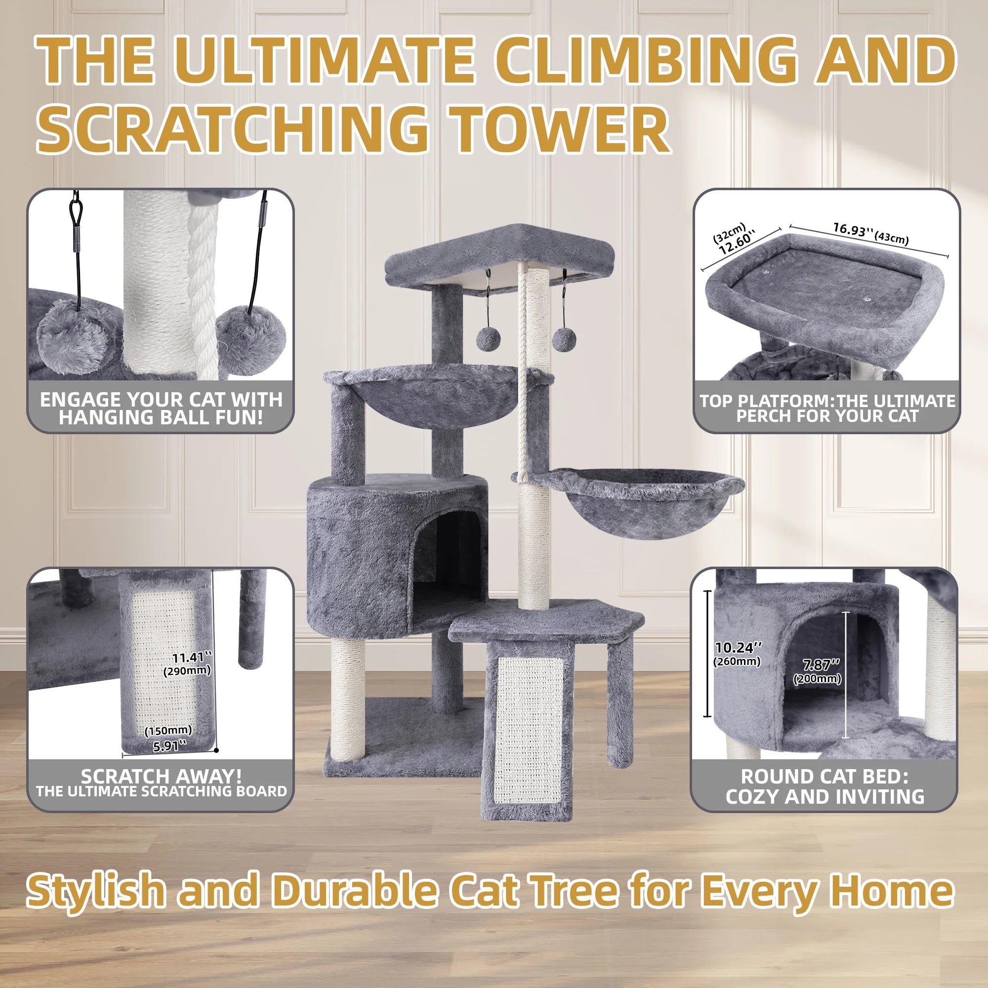 Premium 37.4" Multi-Level Cat Activity Tower | Grey Cat Tree with Condo, Hammocks & Scratching Posts