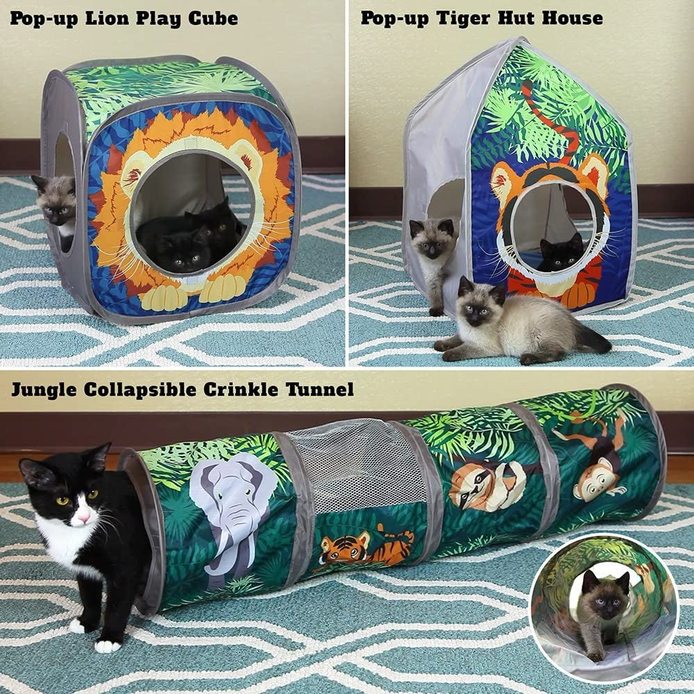 Safari Jungle Cat Play Set: Collapsible Interactive Indoor Playhouse with Cube, Tunnel, and Hideout for Cat Exercise and Relaxation