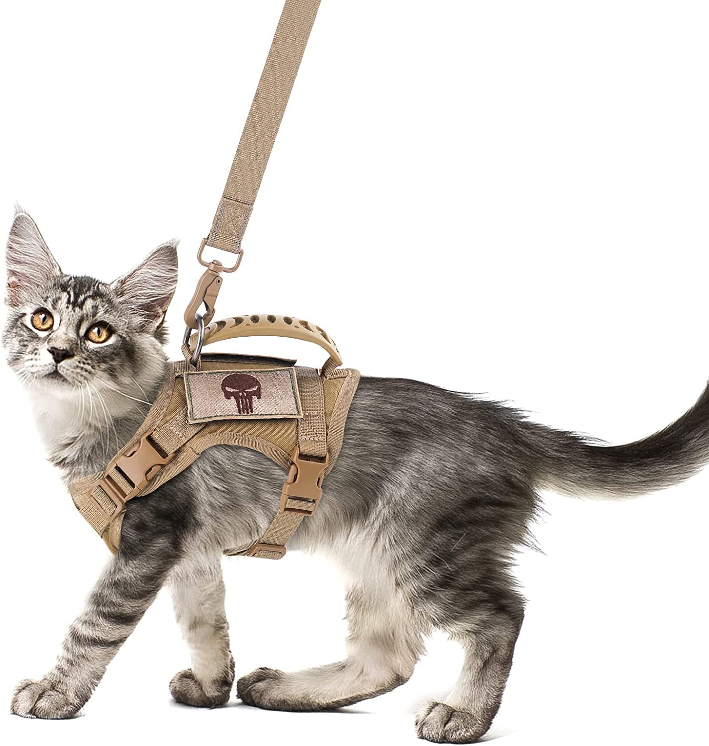 Adjustable Tactical Cat Harness and Leash Set with Escape-Proof Design, Molle Patches, Soft Mesh Padding, and Rubber Handle in Khaki