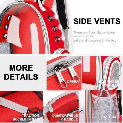 Cat and Small Dog Backpack Carrier - Airline Approved Space Capsule Bubble Design, Ventilated Transparent Travel Carrier for Hiking and Outdoor Adventures - Red