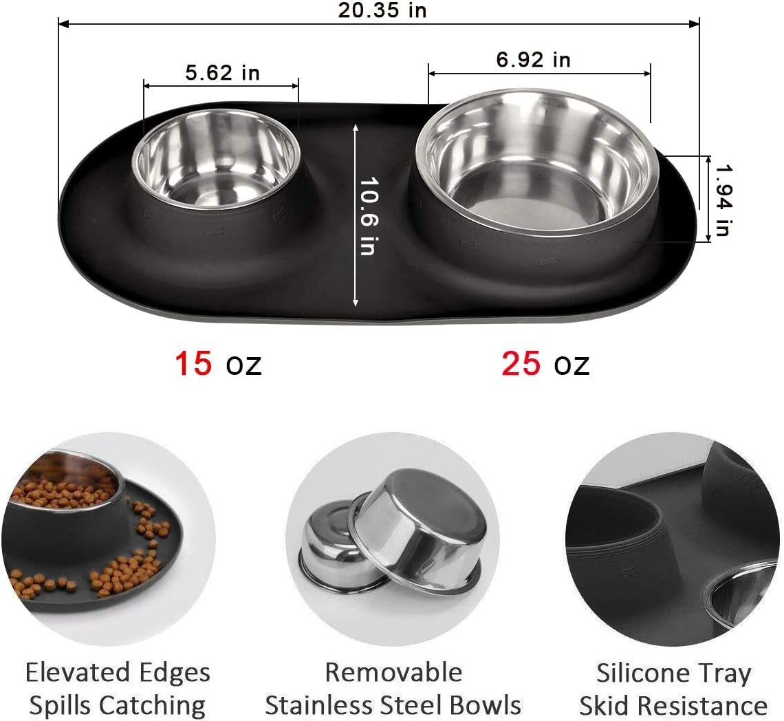 Stainless Steel Double Dog and Cat Bowls with No-Spill Non-Skid Silicone Mat - Pet Food and Water Feeder for Small to Large Dogs, Puppies, and Pets