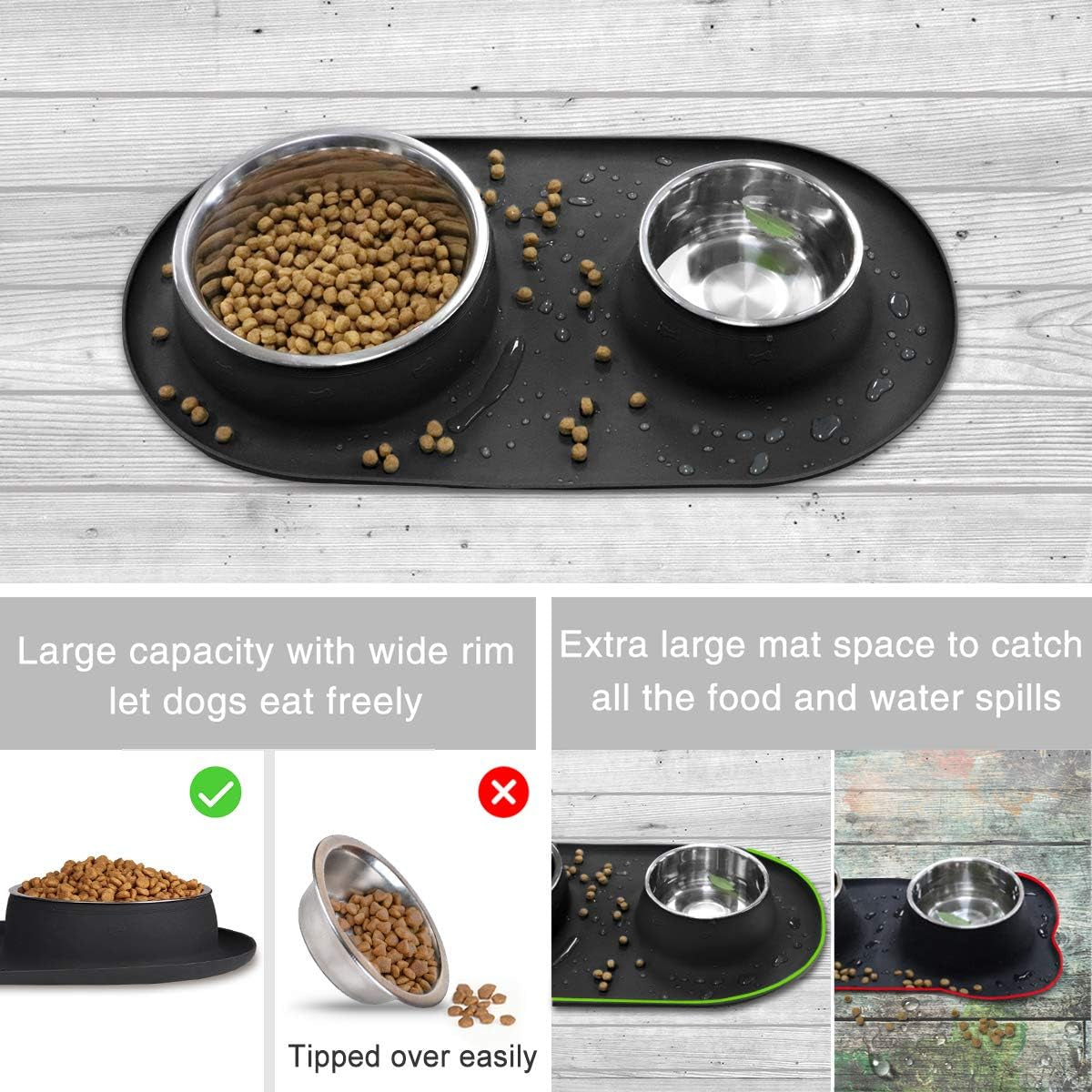 Stainless Steel Double Dog and Cat Bowls with No-Spill Non-Skid Silicone Mat - Pet Food and Water Feeder for Small to Large Dogs, Puppies, and Pets