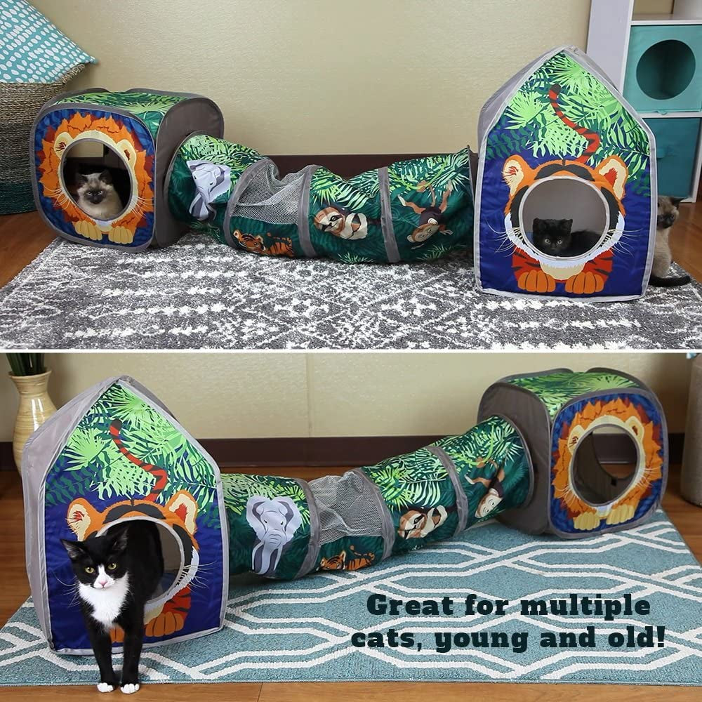 Safari Jungle Cat Play Set: Collapsible Interactive Indoor Playhouse with Cube, Tunnel, and Hideout for Cat Exercise and Relaxation
