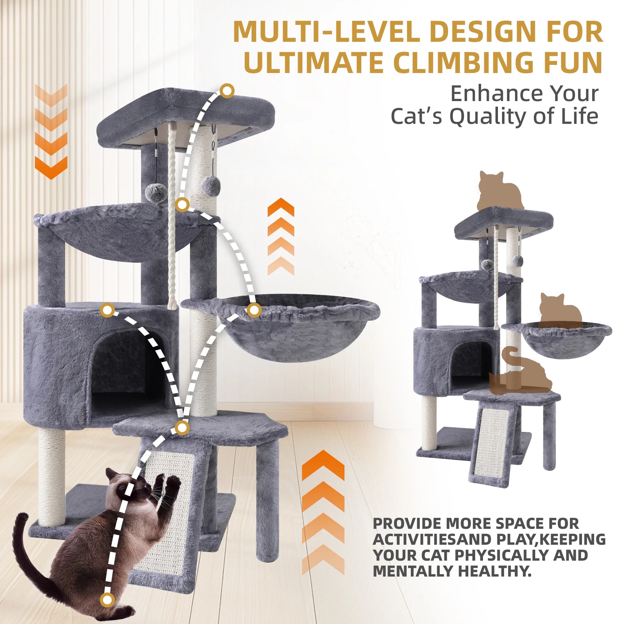 Premium 37.4" Multi-Level Cat Activity Tower | Grey Cat Tree with Condo, Hammocks & Scratching Posts