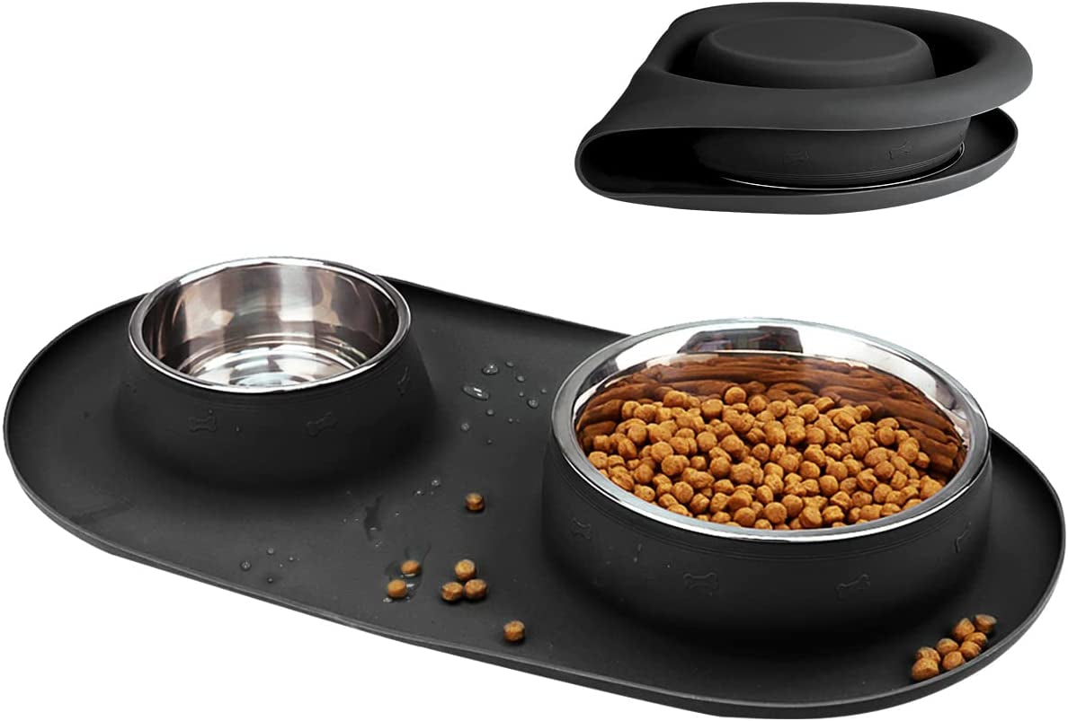 Stainless Steel Double Dog and Cat Bowls with No-Spill Non-Skid Silicone Mat - Pet Food and Water Feeder for Small to Large Dogs, Puppies, and Pets