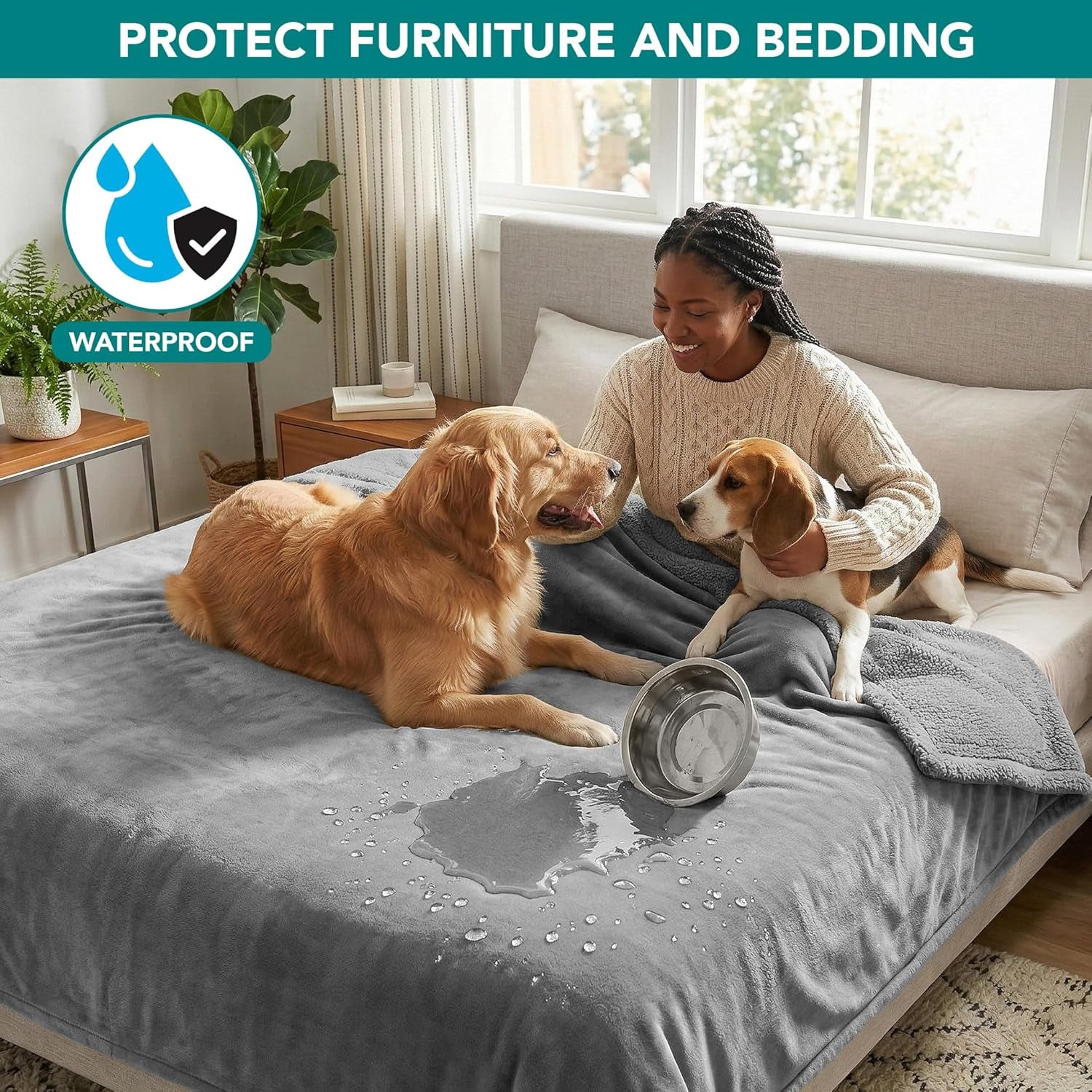Waterproof Reversible Dog Blanket for Couch and Bed, Queen Size 90x90, Pee-Proof Sherpa Fleece Furniture Protector, Soft Washable Cover for Large Pets, Light Grey