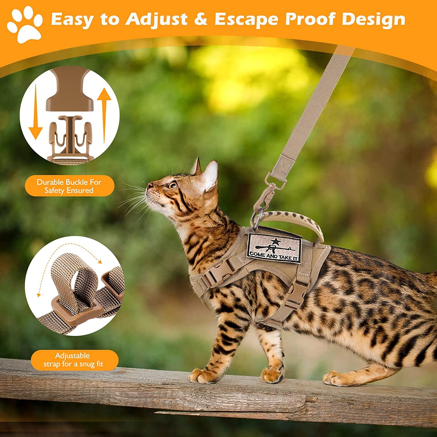 Adjustable Tactical Cat Harness and Leash Set with Escape-Proof Design, Molle Patches, Soft Mesh Padding, and Rubber Handle in Khaki