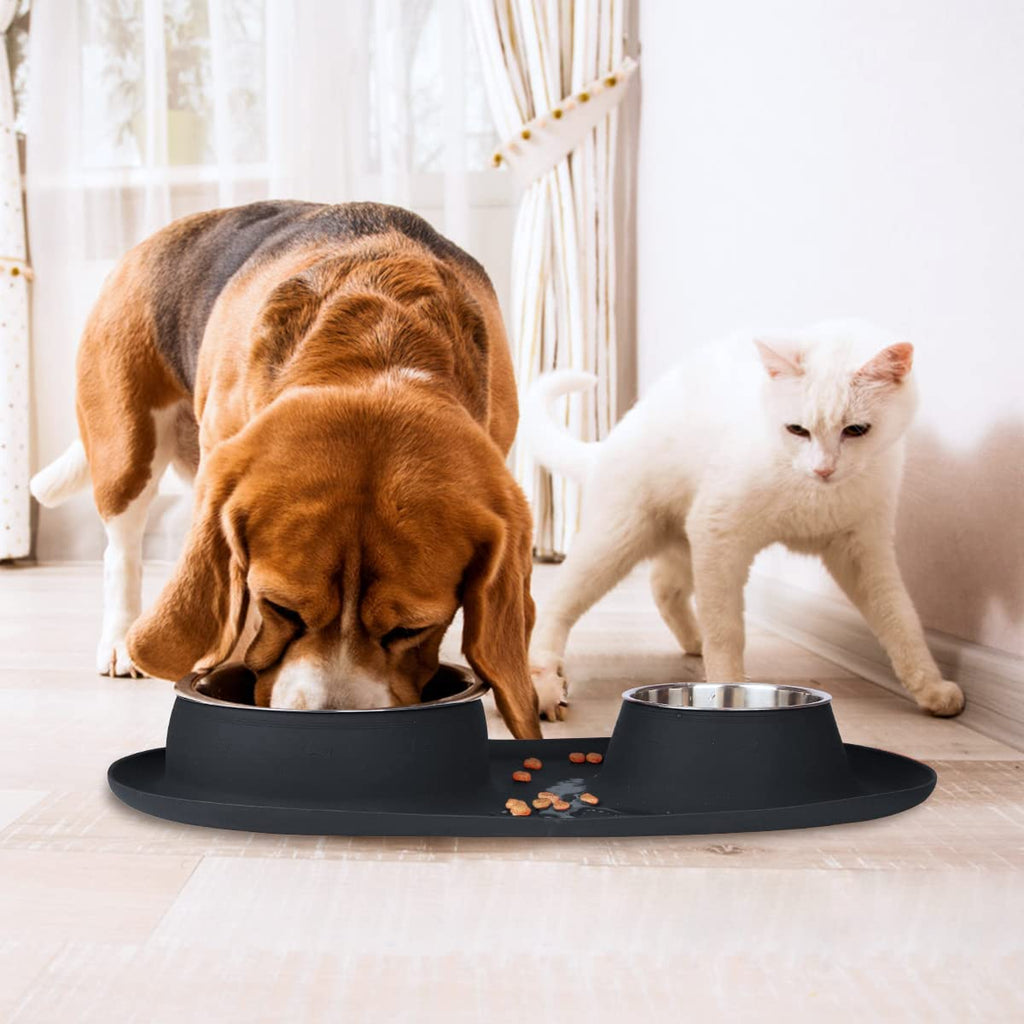 Stainless Steel Double Dog and Cat Bowls with No-Spill Non-Skid Silicone Mat - Pet Food and Water Feeder for Small to Large Dogs, Puppies, and Pets
