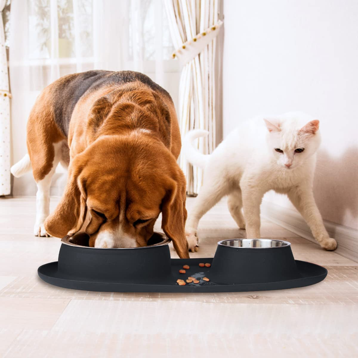 Stainless Steel Double Dog and Cat Bowls with No-Spill Non-Skid Silicone Mat - Pet Food and Water Feeder for Small to Large Dogs, Puppies, and Pets